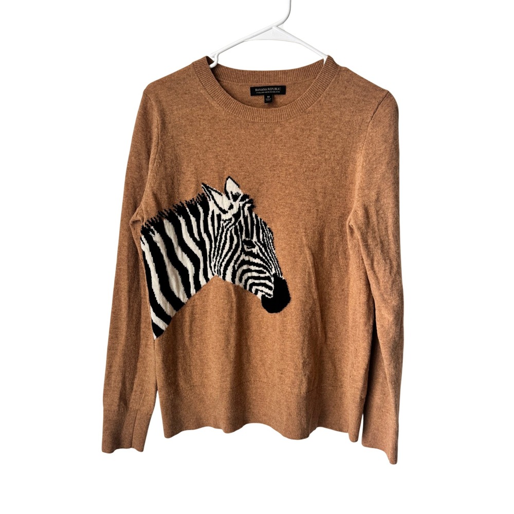 Banana Republic Womens Camel Merino Wool Blend Zebra Intarsia Sweater Medium